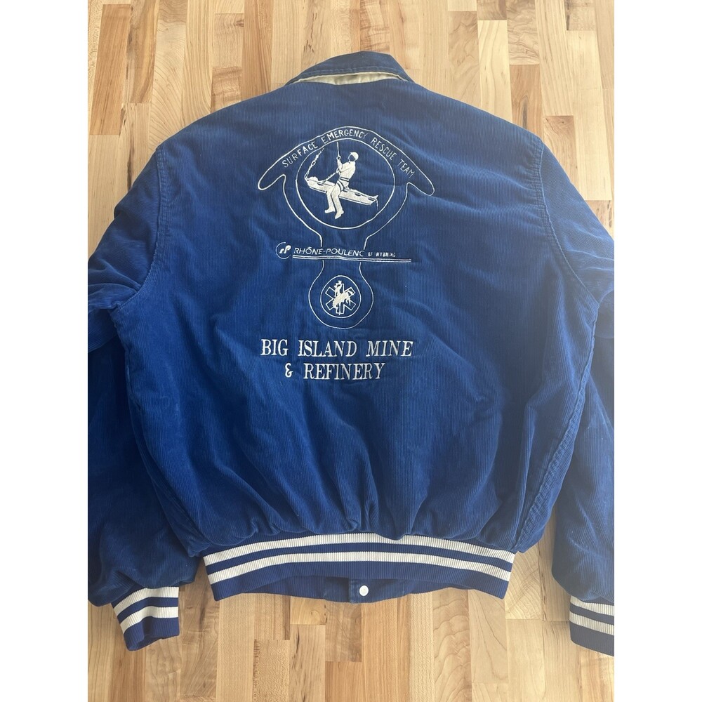70 s Rennoc Corduroy Bomber Work Coat Embroidered David Big Island Mine Blue L - Picture 7 of 12